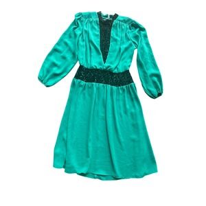 Vintage Jennifer Gee Emerald Green Velvet Trim Long Sleeve Party Dress Size 8